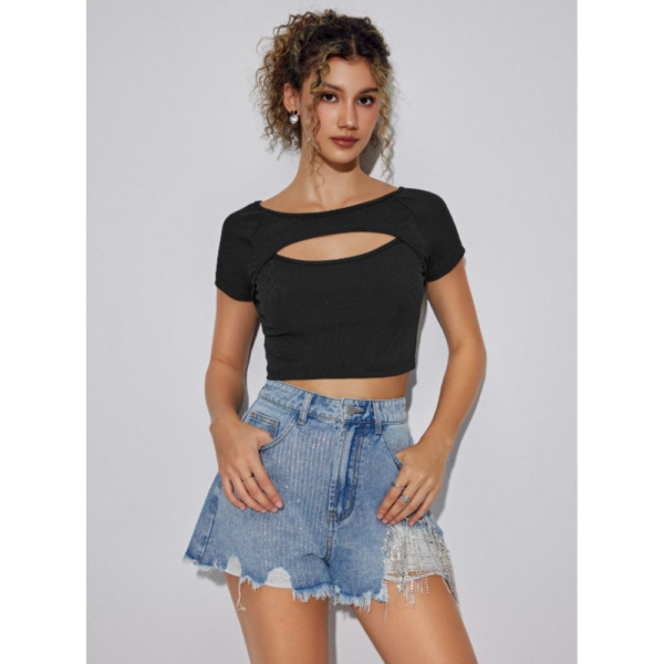 Short Sleeve Cutout Crop Top - Black