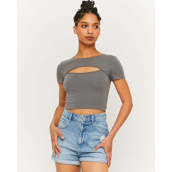 Short Sleeve Cutout Crop Top - Dark Grey