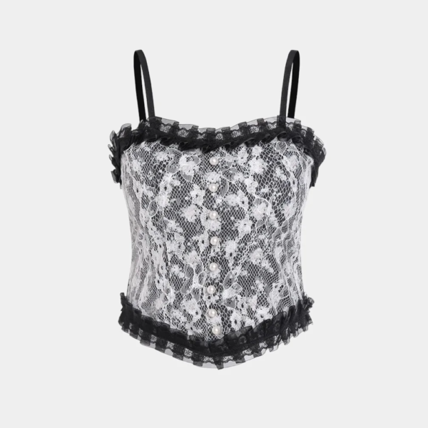 Floral Net Padded Tank Top - Black